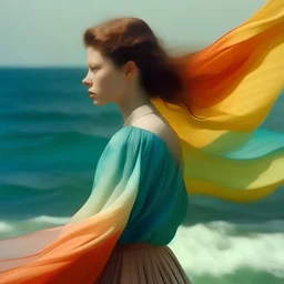 Autochrome, Mia goth, A white curtain above the sea, turquoise, pink, orange, yellow, wind blowing