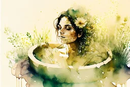 double exposure contented beautiful brunette in a big foam spa bathtube spa things, greenery and flovers, candles, plush towels, soft colors, in sunshine merged layers waterfall heart and love: burlap battery corrosion golden patina watercolor and glittering ink