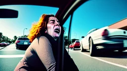 wide angle shot of crying woman driving in hotel parking lot crying as she leaves to turn onto street