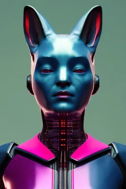 Medium Close Up Portrait, Front image. cyberpunk, rabbit mask, Vietnam woman, pink short hair. latex, glossy suit. Pink, black, blue, color. Retro futuristic style. Color background, photo studio. Avatar image, highly detailed, concept art, smooth, unreal engine 5, god rays, ray tracing, RTX, lumen lighting, ultra detail, volumetric lighting, 3d, finely drawn, high definition, high resolution.