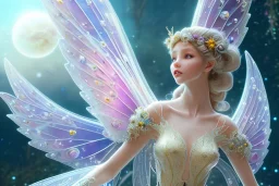 one very little beautiful fairy above one big crystal subtle flower in a galactic ambiance, transparent petals, delicate colors, in the foreground, full of details, smooth, bright sunshine，soft light atmosphere, light effect，vaporwave colorful, concept art, smooth, extremely sharp detail, finely tuned detail, ultra high definition, 8 k, unreal engine 5, ultra sharp focus