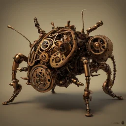 mechanical robotic stinkbug with steampunk gears all over the place, complete mechanical stinkbug beetle