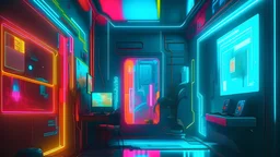 a brightly lit room with a mirror and a neon light, sci - fi aesthetics, dreamy colorful cyberpunk colors, scifi scene, artem demura beeple, sci - fi details, cyberpunk aesthetics, sci - fi scene, style hybrid mix of beeple, surreal sci fi set design, arstation and beeple highly, greg beeple, neon city