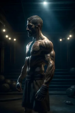 A Greek stoic man with muscles after a boxing match, cinematic, 8k, dark background, at night on abandoned ruins, some particles around, perfect composition, beautiful detailed intricate insanely detailed octane render trending on artstation, 8 k artistic photography, photorealistic concept art, soft natural volumetric cinematic perfect light, chiaroscuro, award - winning photograph, masterpiece, oil on canvas, raphael, caravaggio, greg rutkowski, beeple, beksinski, giger