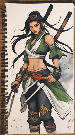 bits of color, furistic Sketch book, hand drawn, dark, gritty, realistic sketch, Rough sketch, mix of bold dark lines and loose lines, bold lines, on paper, akali, ninja girl, league of legends, leaves, animals, runes, dark theme,