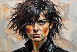 palette knife portrait of Chrissie Hynde in black leather, in the Expressionist style of Egon Schiele, Oskar Kokoschka, and Franz Marc, highly detailed hair and facial features, in muted natural colors with fine detail outlining and shading