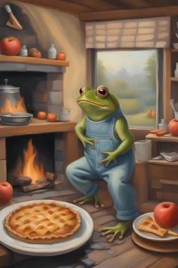 an oil painting of a frog with overalls baking apple pie in front of a cozy fireplace in his tiny home