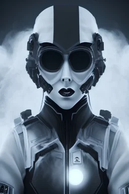 All Black female german soldier, ghost, wearing high tech mask, white smoke, dark, rage, sorrow, high definition, ultra 8 k, volumetric lighting, blue fire, fog