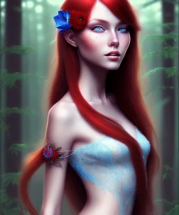 beautiful girl, red long hair, corsage, smile, blue eyes, at forest fantasy art