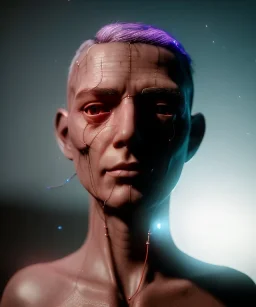 Ultra realistic photographic night portrait, cinematic, naked, shaved hair <man> <hanging wires> many wires coming out of the head <perfect pupil> <cyborg> <garage> <wide angle Shot> <sci-fi futuristic> <thriller>, fog, soft color, highly detailed, unreal engine 5, ray tracing, RTX, lumen lighting, ultra detail, volumetric lighting, high definition.