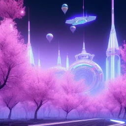 A very beautiful futuristic city, elegant, crystal edifices, atmospheric, realistic, cinematic lighting, pink blue light, 8k, galactic atmosphere, flowers