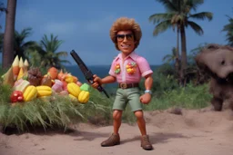 [1960’s stop-motion animation style of savage revenge] a 70s advertisement video TV featuring Demonstrating Clueless Rambo wannabe with shaggy hair and Hawaii shirt hunting for candy corn with his pink gun; as a claymation character toy from a claymation horror movie in burning rainbow land, from hell, creepy Videos, strange creatures everywhere , as old advertisement shot on video VHS