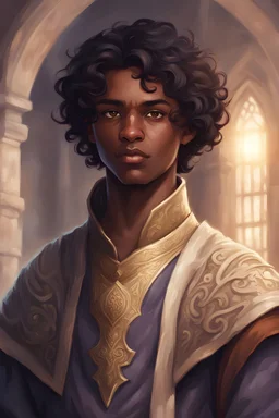 young dark skinned sorcerer of fourteen years old, with wavy short black hair and brown eyes dressed in an aristocratic tunic