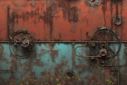 an abstract painting of rusted metal and flowers, by anselm kiefer and lucian freud, rust, scaffolding, iron cladding, decay, mixed media, textured, anatomically correct, beautiful perfect face, sharp focus, highly detailed, unity engine, bloom,cinematic lighting,blue tone, octane render.