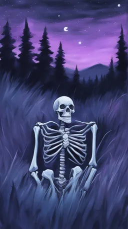 A sketchy oil painting from behind a skeleton sitting in the grass on the top of a hill, lookin into the night sky. A Forrest in the background. Painting. Purple colours. Blue colours. Night. Melancholic mood. Colorful.Pastel colours. Masterpiece.