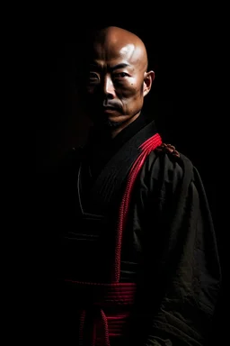 A bald samurai with half body image in a dark surround light on the samurai