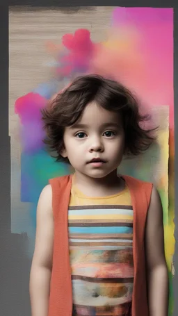 A child in Photomontage, layered colorful art,