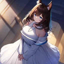 Clear focus, High resolution, Long fluffy brown hair, blue eyes, wearing a white skirt, detailed outfit, wearing a jacket oversized off shoulder, rough line, hair above ears, dog ears, off shoulder white shirt, chopped bangs