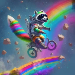 A raccoon astronaut riding a rainbow bike on a mission to gather space trash, jumping over asteroids as he goes.