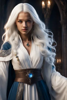 young sorceress sixteen years old, long snow white hair