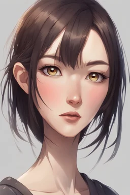 A tall, thin woman with thick long straight dark brown hair, small friendly eyes with an incredulous look. A narrow round face is decorated with a snub nose and small lips, genshin impact style