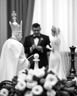 a chess bishop behind a wedding podium, with a chess king and queen getting married