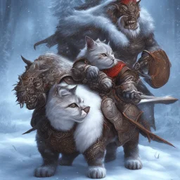 orc riding on a cat in winter landscape