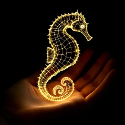 3d hologram of a seahorse made entirely out of light beams transmitted onto a palm of a hand, shimmering translucent electric glowing lines, chiaroscuro, black background, contoured 3D hologram art,