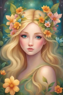 In a mystical fairy tale world, a radiant fairy girl with glowing golden hair and flowers adorning her head explores the enchanted forest. Masterpiece, best quality, colorful, vibrant colors, fairy tale, whimsical, children's illustration, Anime, watercolor, oil painting, by Jeremiah Ketner, high detailed, high quality, 4k
