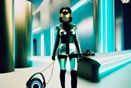 Photographic. Technological utopia. Machine, milky fake skin, old-camera-eyes. 3D-tiling on the adaptive background. Lightly armored. Cyber-punk full-mask. Lay figure woman is Surreal. Haute Couture 1990's. Light from right. Colors are silver, black, Cyan. AKG headphones, golden rings & disc. Logo. Thick tights. Thick calves. Curved fell. Wide hip. Cannot cure. Tron Movie, grotesque. Countermove. Revolution. Matrix and Tron movies. Daft Punk!