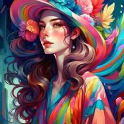 a woman in boheme chic outfit adorned with flowers, vibrant colors, anime-inspired, soft pastels, brush strokes, ethereal, digital painting, beautiful and intricate patterns, delicate curls, rainbows, playful, stylish, high contrast, striking shadows, fantastical elements, modern twist, retro vibes, lively and energetic, surrealistic elements, kaleidoscopic patterns, dreamlike atmosphere, whimsical, effervescent, contemporary flair, eye-catching details, magical ambiance, lively, youthful, pop-a