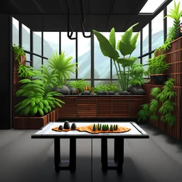 realistic image, high quality, a Terarrium standing on a wooden table, the wall behind it is black, inside the terarrium are tropical plants placed horizontally at the back wall. the floor of the terarrium is covered in black sand, on the black sand a bunch of exotic looking mushrooms are growing