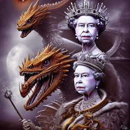 epic photo of queen elizabeth riding a dragon by tim burton
