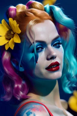 Eva Herzigova as Harley Quinn underwater with yellow flowers for hair, closed eyes, rtx, reflection, 8k, glow, winning photography, caustics