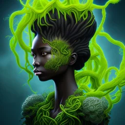 Painting .the face of A young black woman. A wood nymph emerging from the forest. Her hair looks like vines. Dreadlocs. Her skin is the colour of dark soil. Her skin looks like tree bark. Her clothing is made of vines, grass and leaves.