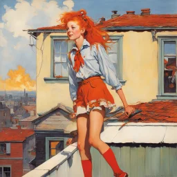 [art by Norman Rockwell] we find Pippi Longstocking in her late twenties, standing tall and confident on the rooftop of her eccentric, yet charming, apartment building. The wind sweeps through Pippi Longstocking's long, fiery hair, blowing it behind her like a vibrant flame. She has the same mischievous sparkle in her eyes, but there's a depth and wisdom that only age can bring. Dressed in a unique ensemble that combines playful quirkiness with a touch of sophistication, Pippi Longstocking exud