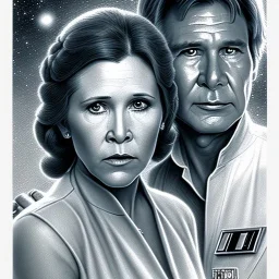 middle-aged carrie fisher embracing harrison ford in star wars, waist up portrait, photorealistic faces, intricate, masterpiece, expert, insanely detailed, 4k resolution, cinematic smooth, intricate detail , soft smooth lighting, soft pastel colors,