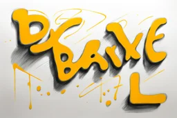 a drawing with sketch lead pencil, The word "BAXER" in yellow floating like a big sign, strong painting