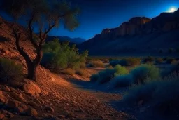 Dry trees, night, arid land, vegetations, rocks, little river, mountains