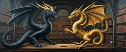 master oil painting by Escher and Giger, black dragon and golden dragon inside library