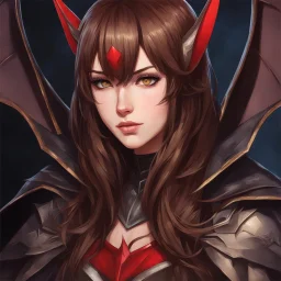 A headshot portrait of a woman with long brown hair, red eyes, large bat ears and bat wings, intricately detailed, painterly anime style