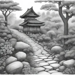 [the birdhouse] A photo of my traditional, monochromatic nature pencil drawing inspired by Japanese woodblock prints, featuring intricate carvings of trees and foliage, evoking a sense of calm and nostalgia. A rocky, natural stone pathway leads up to the birdhouse, inviting birds to step into a world of serenity and beauty.