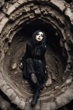 Closeup Girl goth with big eyes, fullbody, ragged clothes, extended like roots, the perspective looking up from the bottom of an empty well ,8k,macro photography,