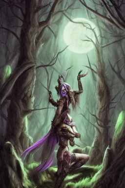 sylvanas windrunner carring the head of a werewolf in a night forest environment light by moonlight jim lee style