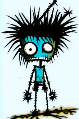 2d drawing of a stickman, cool with punk hair, x eyes like in hangman, dead on stomach ,3d realistic in colour