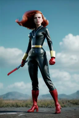 retro portrait image from 1960, sky background, wind, long red hair, fighting stance, sweet young Scarlett Johansson, black dress, classic long tight lycra black suit, weapon, gold bracelet and belt, high heel boots, soft color, highly detailed, unreal engine 5, ray tracing, RTX, lumen lighting, ultra detail, volumetric lighting, 3d, finely drawn, high definition, high resolution.