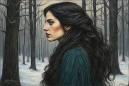 create a 3/4 profile, full body oil pastel of a dark haired, , raggedly dressed, savage vampire girl with highly detailed , sharply defined hair and facial features , in a dark winter forest glade at dawn, in the Pre-Raphaelite style of JOHN WILLIAM WATERHOUSE