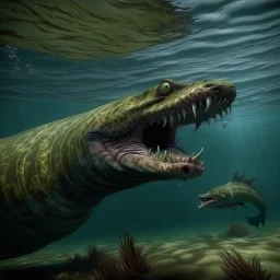 a sea monster with a dog's head, the body of a moray eel, fins of a fish, swims in the ocean