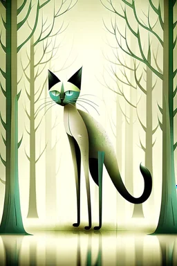 Surrealist minimalist illustration of [siamese cat] with extremely long slender legs, standing in [forest], wearing [a raincoat], under [tree]. Calm composition, full body view, centered, soft pastel gradients in the background, textured painterly style, smooth shading, clean lines. –no multiple characters, no clutter, no photorealism, no busy background