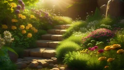 A serene and inviting image of a set of small stone stairs gently winding to the west, with the sun casting a warm golden glow on the path. The stairs are bordered by a beautiful, vibrant garden full of various flowers, and the soft rustling of the wind can be felt. Above the stairs, there's a gentle breeze carrying the scent of blooming flowers and the distant sound of birdsong. The overall atmosphere is peaceful and calming, inviting one to take a leisurely stroll towards the west wind.